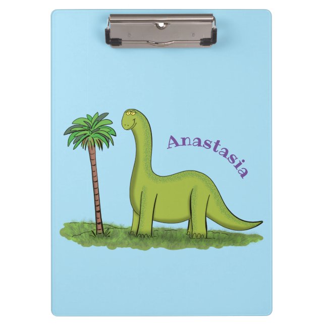 Niedlicher Happy Green Brontosaurus Dinosaurier Ca Klemmbrett (Vorderseite)
