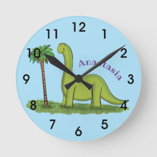Niedlicher Happy Green Brontosaurus Dinosaurier Ca Runde Wanduhr