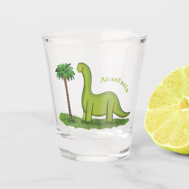 Niedlicher Happy Green Brontosaurus Dinosaurier Ca Schnapsglas (Vorderseite)