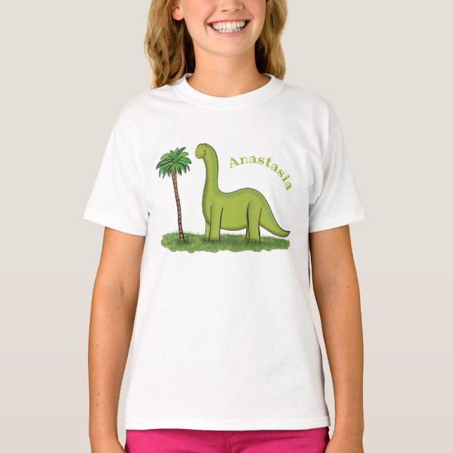 Niedlicher Happy Green Brontosaurus Dinosaurier Ca T-Shirt (Vorderseite)