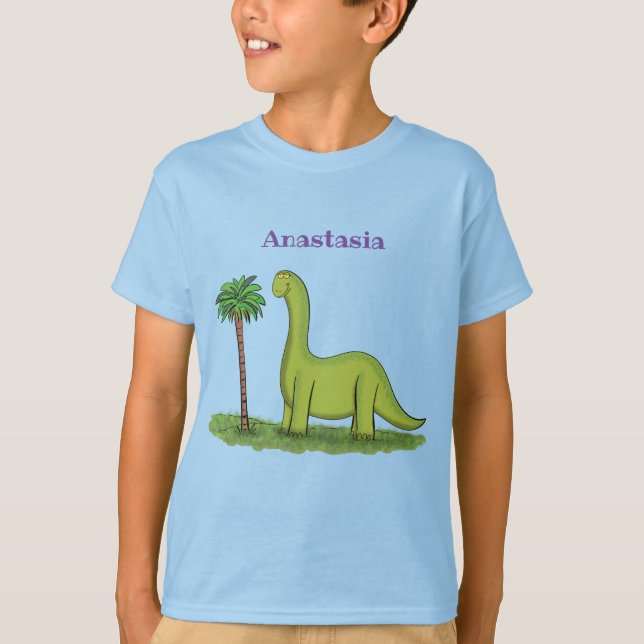 Niedlicher Happy Green Brontosaurus Dinosaurier Ca T-Shirt (Vorderseite)