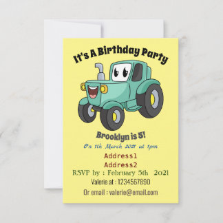 Niedlicher Happy Green Traktor Cartoon Einladung