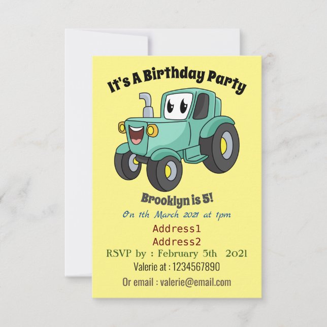 Niedlicher Happy Green Traktor Cartoon Einladung (Vorderseite)