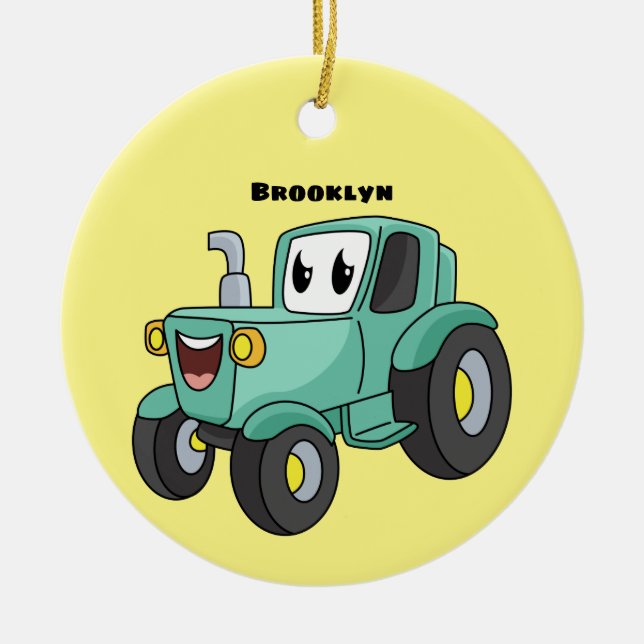 Niedlicher Happy Green Traktor Cartoon Keramik Ornament (Vorne)