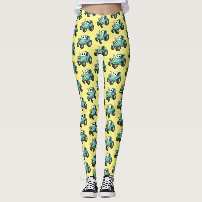 Niedlicher Happy Green Traktor Cartoon Leggings (Vorderseite)
