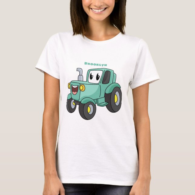 Niedlicher Happy Green Traktor Cartoon T-Shirt (Vorderseite)