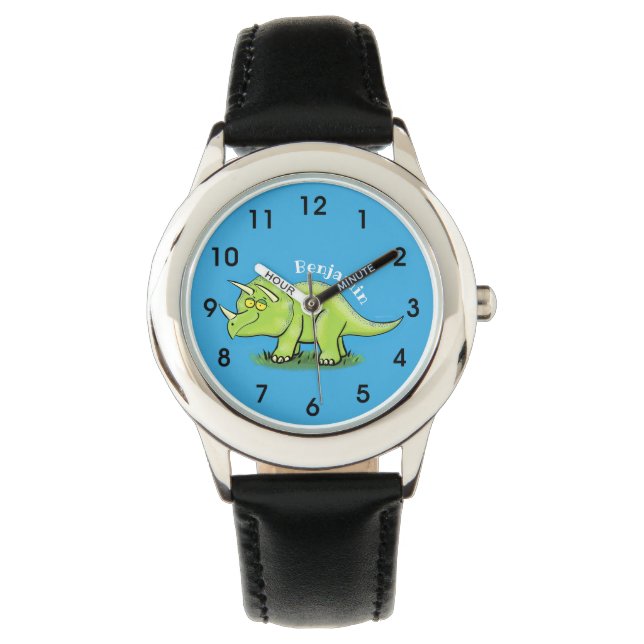 Niedlicher Happy Green Triceratops Dinosaurier Car Armbanduhr (Vorderseite)