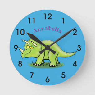 Niedlicher Happy Green Triceratops Dinosaurier Car Runde Wanduhr