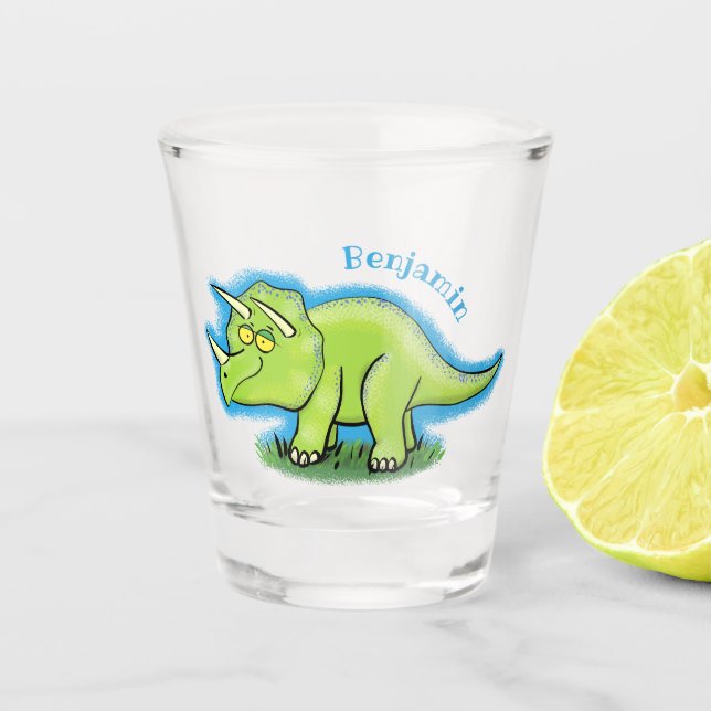Niedlicher Happy Green Triceratops Dinosaurier Car Schnapsglas (Vorderseite)