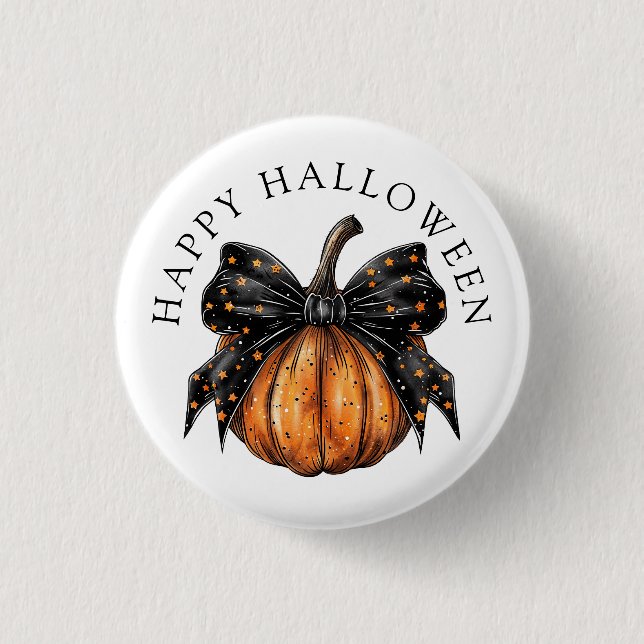 Niedlicher Happy Halloween Pumpkin und Bow Button (Vorderseite)