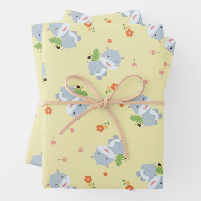 Niedlicher Happy Hippo mit gelben Blume Geschenkpapier Set (Beispiel)