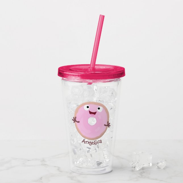 Niedlicher Happy-Pink-Glattleder-Donut-Cartoon Acryltrinkbecher (Rückseite Ice)
