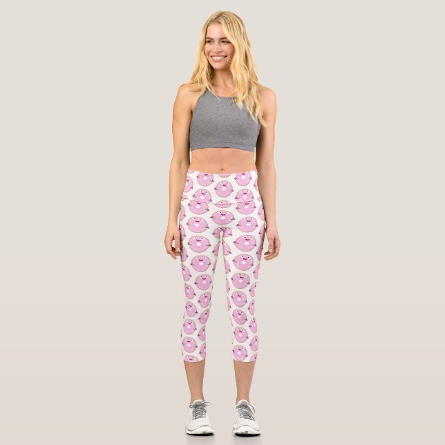 Niedlicher Happy-Pink-Glattleder-Donut-Cartoon Capri Leggings (Vorderseite)