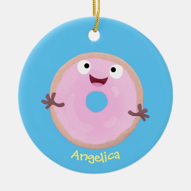 Niedlicher Happy-Pink-Glattleder-Donut-Cartoon Keramik Ornament (Vorne)