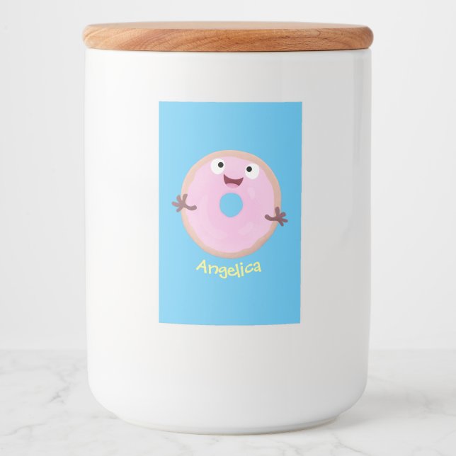 Niedlicher Happy-Pink-Glattleder-Donut-Cartoon Lebensmitteletikett (Vorderseite)