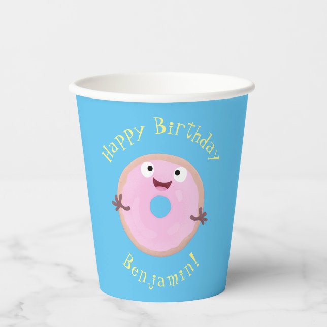 Niedlicher Happy-Pink-Glattleder-Donut-Cartoon Pappbecher (Vorderseite)