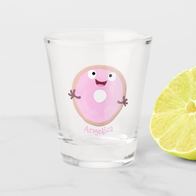 Niedlicher Happy-Pink-Glattleder-Donut-Cartoon Schnapsglas (Vorderseite)