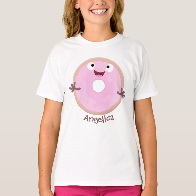 Niedlicher Happy-Pink-Glattleder-Donut-Cartoon T-Shirt (Vorderseite)