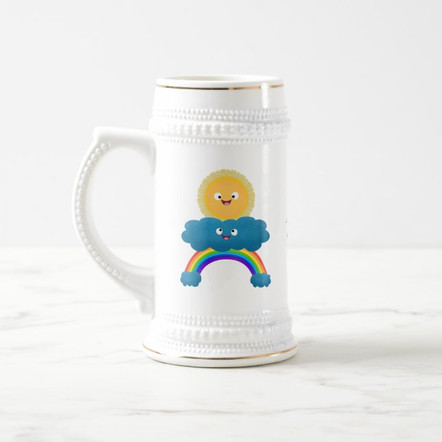 Niedlicher Happy Sun Cloud Regenbogen Cartoon Bierglas (Links)
