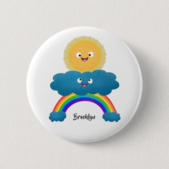 Niedlicher Happy Sun Cloud Regenbogen Cartoon Button (Vorderseite)