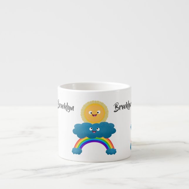 Niedlicher Happy Sun Cloud Regenbogen Cartoon Espressotasse (Vorderseite)