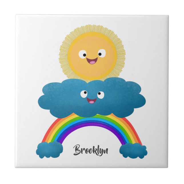 Niedlicher Happy Sun Cloud Regenbogen Cartoon Fliese (Vorderseite)
