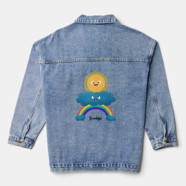 Niedlicher Happy Sun Cloud Regenbogen Cartoon Jeansjacke (Rückseite)