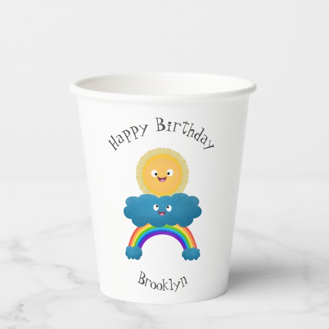 Niedlicher Happy Sun Cloud Regenbogen Cartoon Pappbecher (Vorderseite)