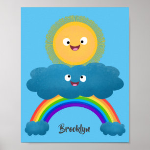 Niedlicher Happy Sun Cloud Regenbogen Cartoon Poster