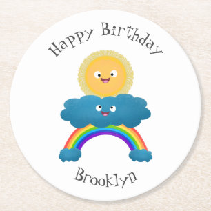 Niedlicher Happy Sun Cloud Regenbogen Cartoon Runder Pappuntersetzer