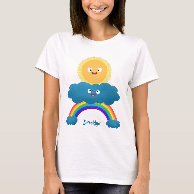Niedlicher Happy Sun Cloud Regenbogen Cartoon T-Shirt (Vorderseite)