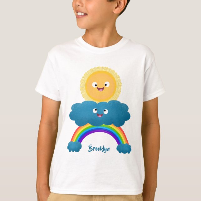 Niedlicher Happy Sun Cloud Regenbogen Cartoon T-Shirt (Vorderseite)
