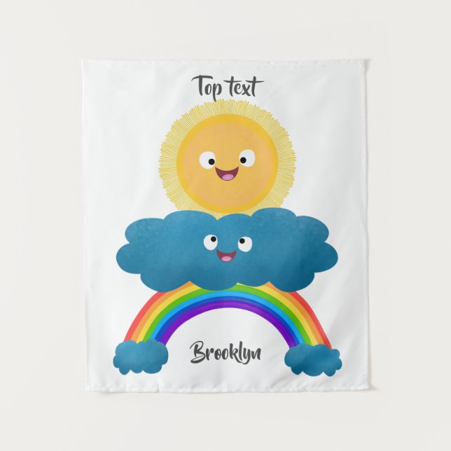 Niedlicher Happy Sun Cloud Regenbogen Cartoon Wandteppich (Vorderseite)