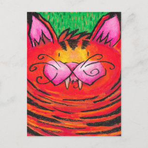 Niedlicher Happy Tiger Cat in Ölpastel auf Grün Postkarte