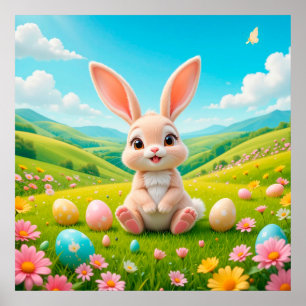 Niedlicher Hase auf Frühlingswiesen-Blumenwiese Poster