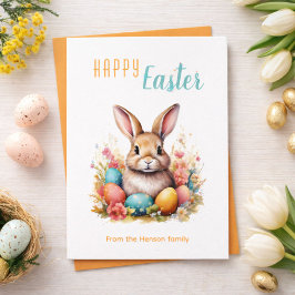 Niedlicher Hase Bunte Eier Blumen Frohe Ostern Feiertagskarte