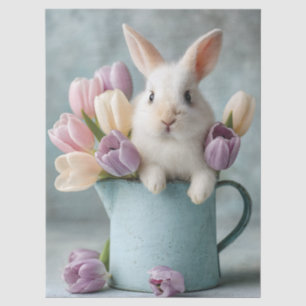 Niedlicher Hase, der aus einem Krug mit Tulpen lug Seidenpapier
