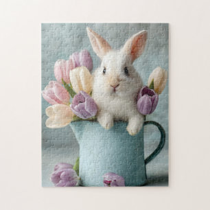 Niedlicher Hase, der aus einem Krug mit Tulpen sch Puzzle