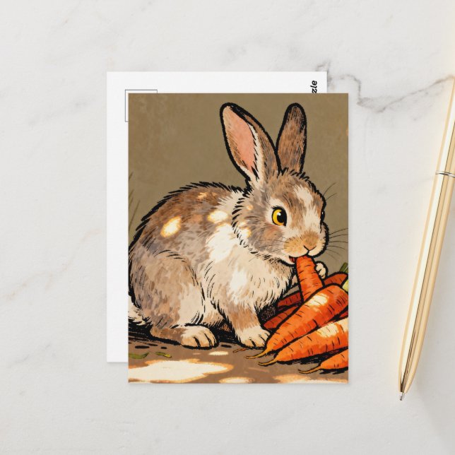 Niedlicher Hase, der Karotten isst Postkarte (Vorderseite/Rückseite Beispiel)