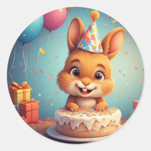 Niedlicher Hase feiert Geburtstag mit Kuchen Runder Aufkleber
