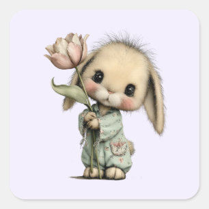 Niedlicher Hase hält eine Tulpe Quadratischer Aufkleber