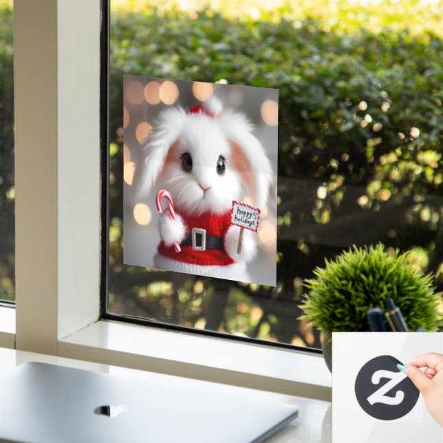 Niedlicher Hase in einem Weihnachtskostüm Fensteraufkleber (Büro)