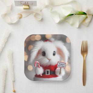 Niedlicher Hase in einem Weihnachtskostüm Pappteller