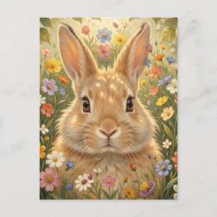 Niedlicher Hase in einer lebendigen Blumenwiese Postkarte