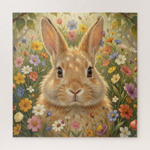 Niedlicher Hase in einer lebendigen Blumenwiese Puzzle
