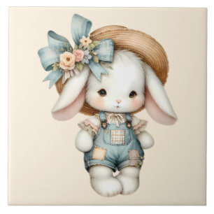 Niedlicher Hase in Overall mit Strohhut und Schlei Fliese