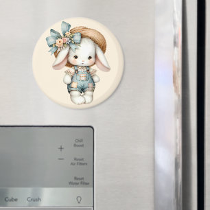 Niedlicher Hase in Overall mit Strohhut und Schlei Magnet