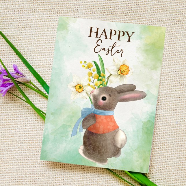 Niedlicher Hase mit Blume froh Ostern Postkarte (Von Creator hochgeladen)