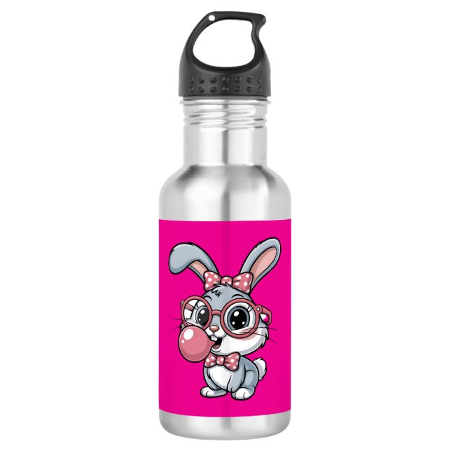 Niedlicher Hase mit Brille, der Kaugummi bläst Edelstahlflasche (Vorderseite)