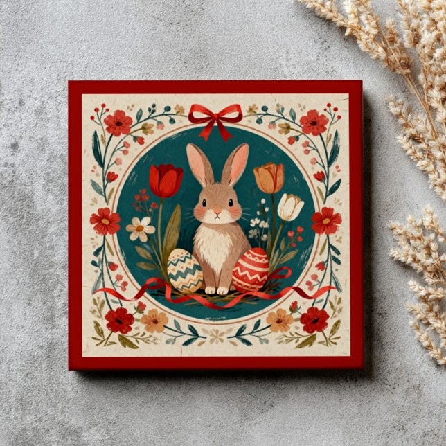 Niedlicher Hase mit Eiern & Blumen Botanisches Ost Fliese (Von Creator hochgeladen)